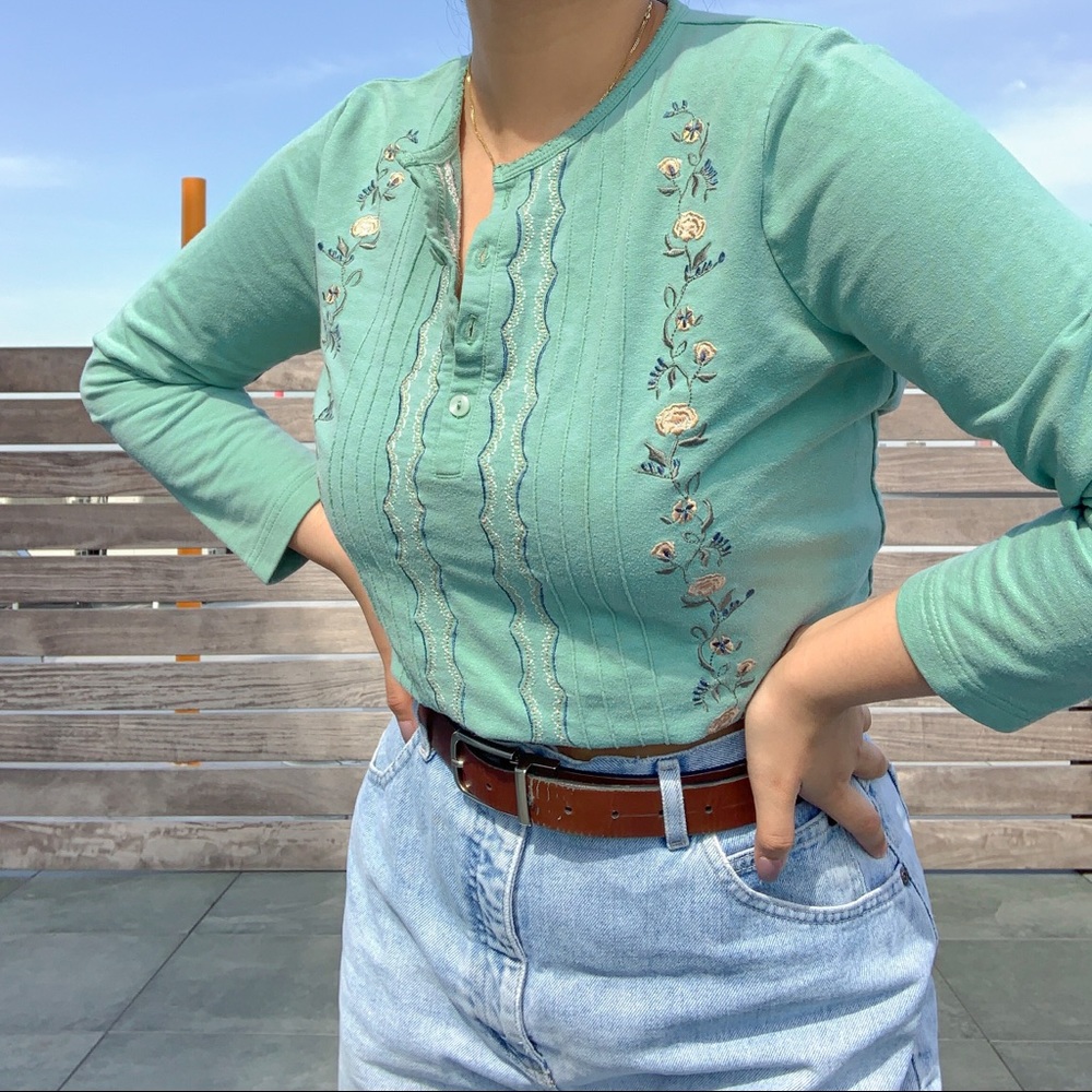 Vintage Mint Green Quarter Button Shirt w/ Flowers